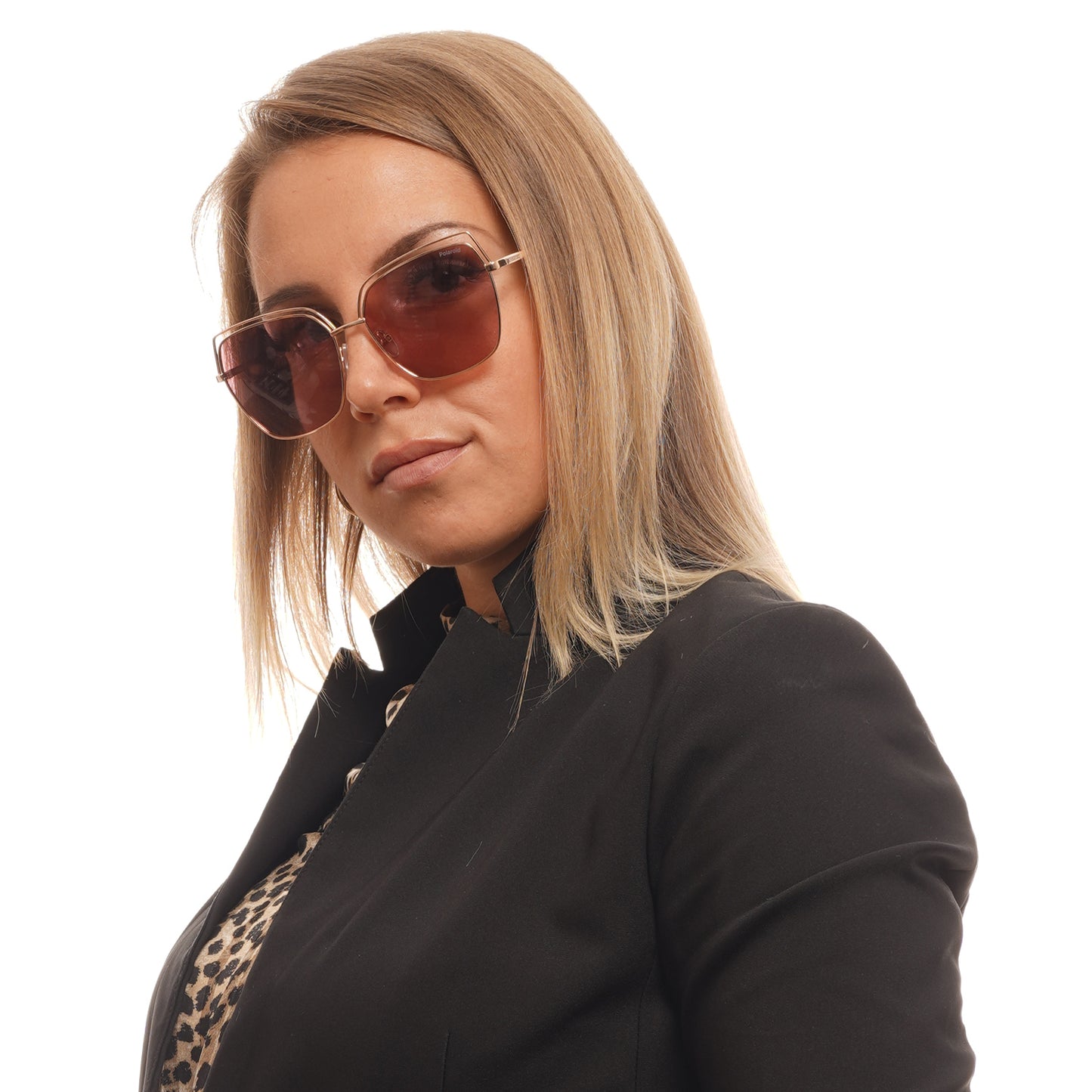 POLAROID MOD. PLD 4093_S 59DDB_0F sunglasses worn by woman in black blazer, stylish eyewear for ladies.
