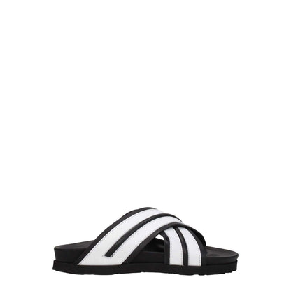 Palm Angels White Leather Slippers with black accents, casual style, open toe, rubber sole. MPN: PWIC008LEA0011001, flat heel.