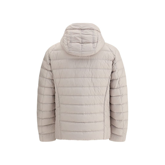 Back view of Parajumpers Last Minute hooded Down Jacket in beige color with adjustable hood, showcasing quilted design and water-repellent finish.