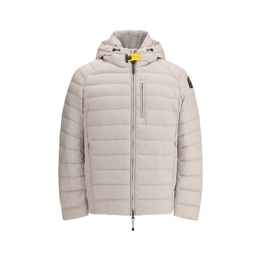 Parajumpers Last Minute hooded Down Jacket in beige with adjustable hood, water-repellent finish, and zippered pockets.