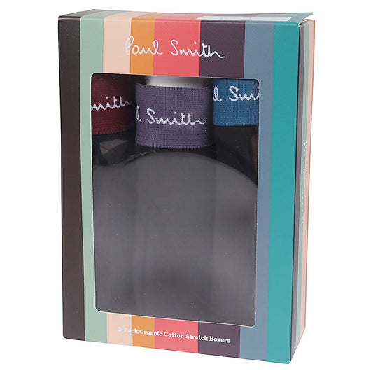 Paul Smith Underwear Black three-pack boxers with colorful waistbands in packaging.