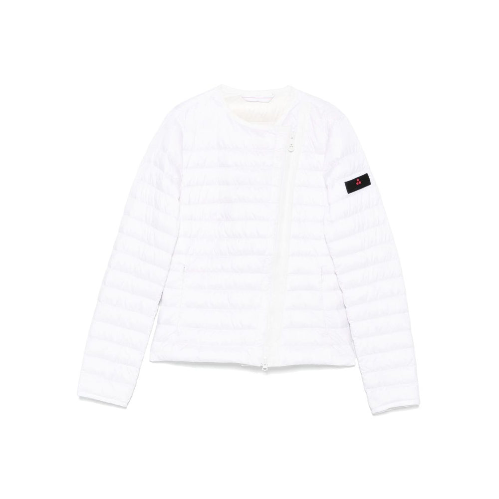 Peuterey Coats White nylon down jacket with two-way zip and crew neck, featuring side pockets and logo patch at the sleeve.