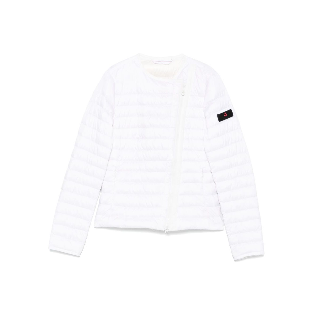 Peuterey Coats White nylon down jacket with two-way zip and crew neck, featuring side pockets and logo patch at the sleeve.