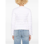 Back view of model wearing Peuterey Coats White nylon down jacket with crew neck and logo patch on sleeve.