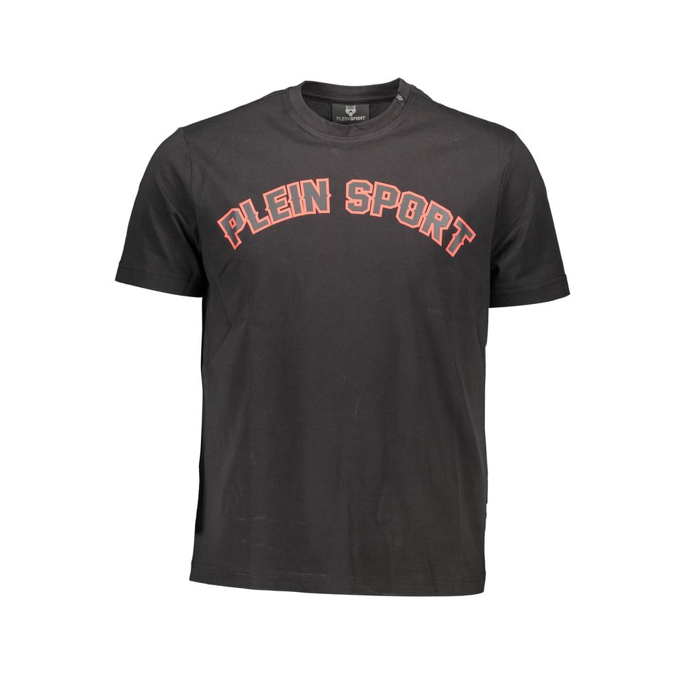 Plein Sport Black Cotton Men T-Shirt with bold logo print, short sleeves, and crew neck style, perfect for streetwear fashion.