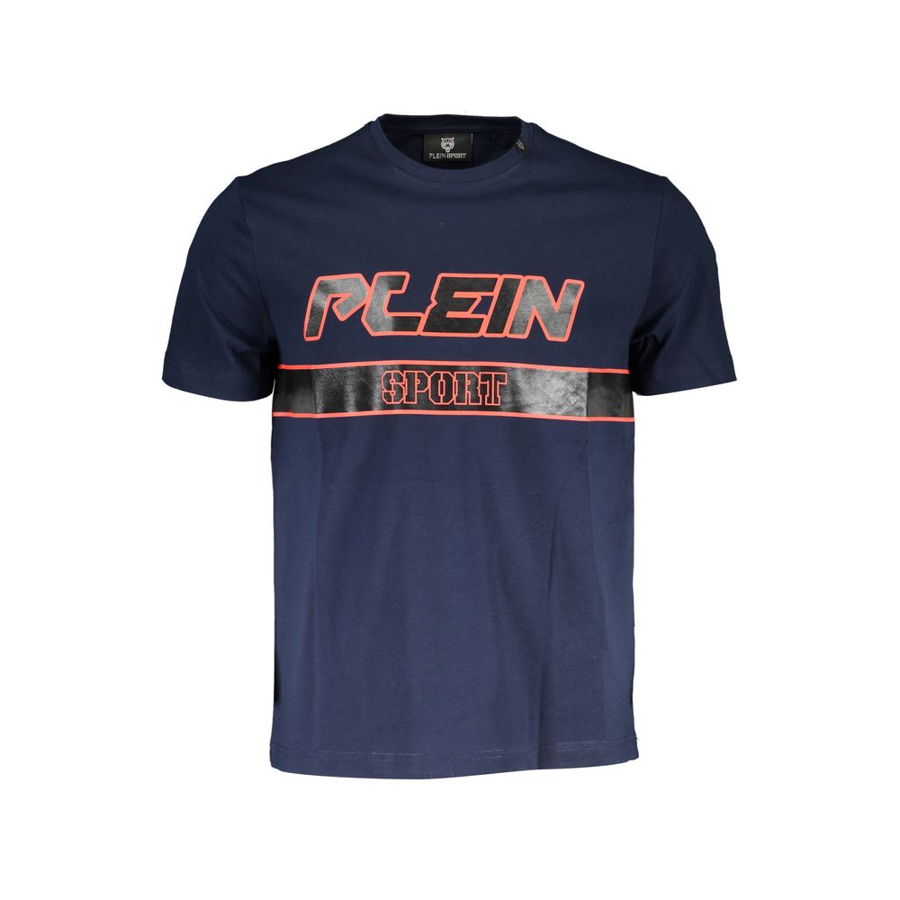 Plein Sport Blue Cotton Men T-Shirt with crew neck and bold logo print, perfect for sporty casual wear and luxury style.