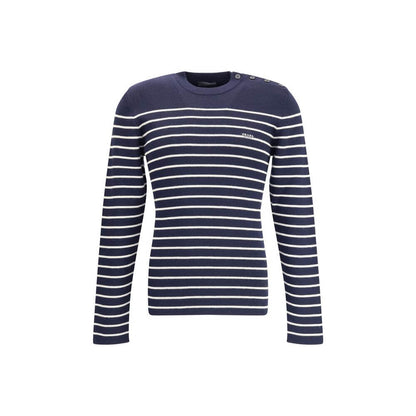 Prada Blue Fleece Wool Sweatshirt with striped pattern and jacquard signature, ribbed crew neck, classic yet contemporary design.