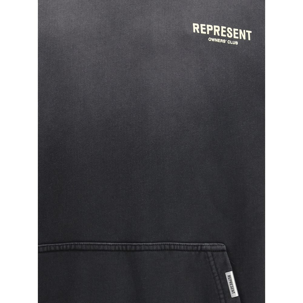 Represent Black Cotton Sweatshirt with iconic monogram and front kangaroo pocket for comfortable streetwear style.