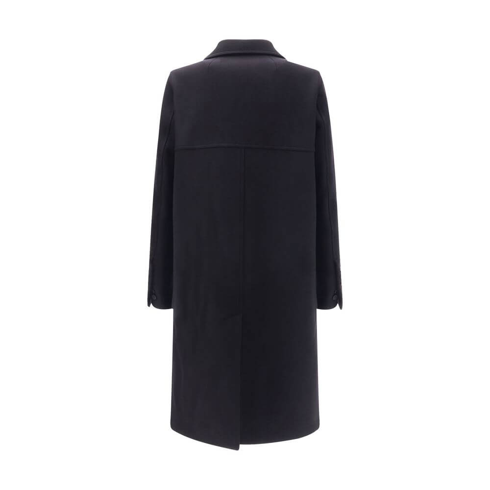 Back view of Rick Owens Black Fleece Wool Coat with wide lapels, double-breasted button closure, and vent.