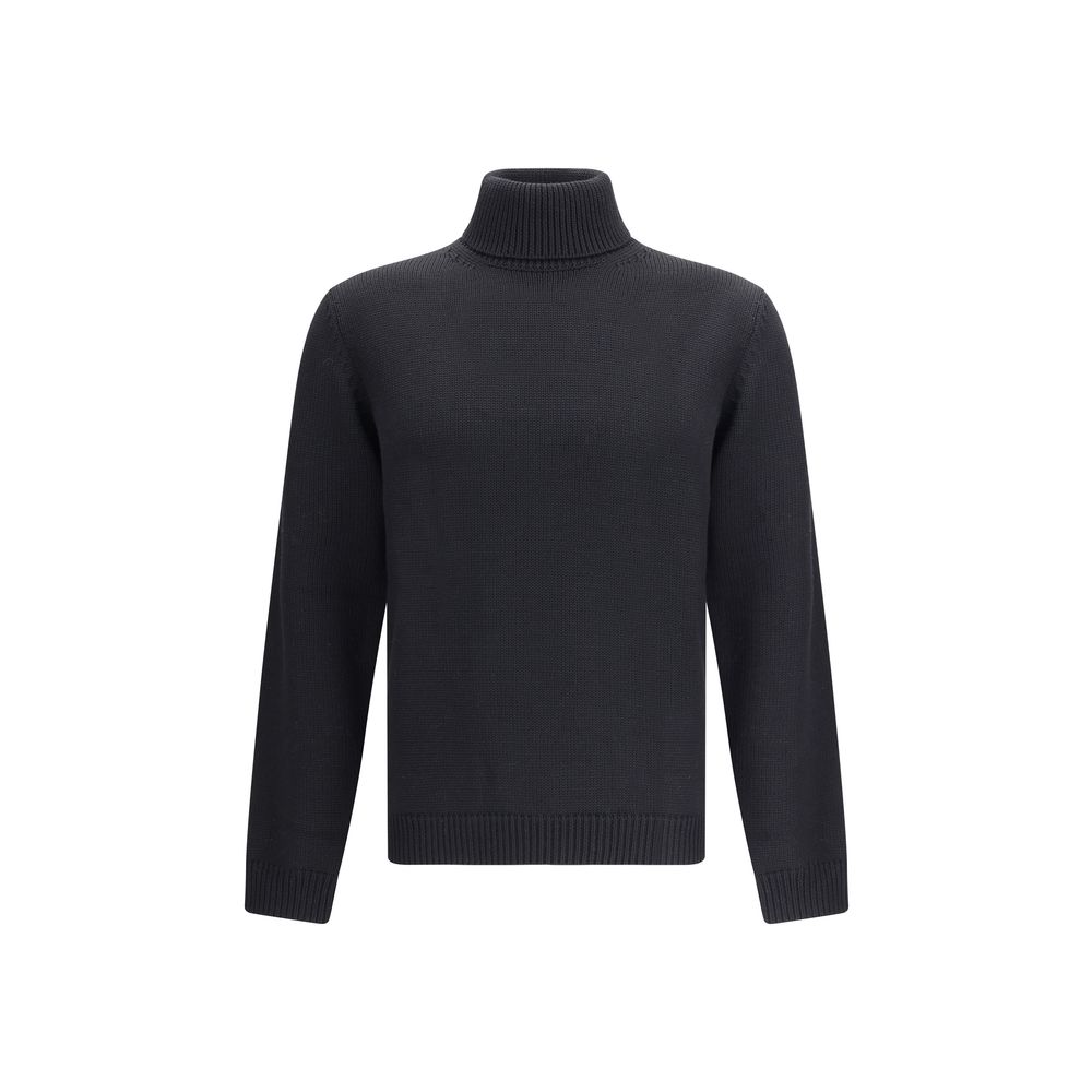 Roberto Collina Black Merino Wool Turtleneck with ribbed collar, hem, and cuffs, offering a refined fit and smart casual style for AW25.