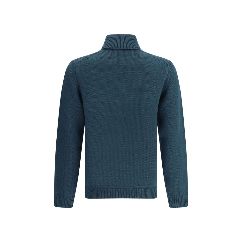 Back view of Roberto Collina Green Merino Wool Turtleneck sweater showcasing ribbed collar, hem, and cuffs for elegant, versatile style.