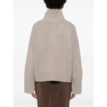 Back view of taupe grey SOFT GOAT Sweaters Light Grey cashmere jumper with ribbed trim, high neck, and drop shoulder design.