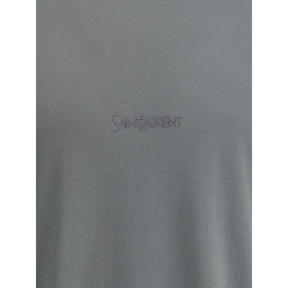 Saint Laurent Green Cotton T-Shirt with tone-on-tone embroidered logo, ribbed crew neck for casual-chic look and minimalist design.