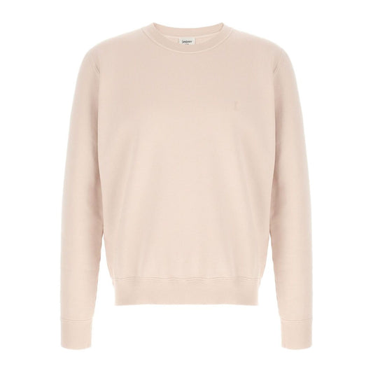 Saint Laurent Sweaters Powder in pink cotton with crew neck and long cuffed sleeves, tonal logo design.