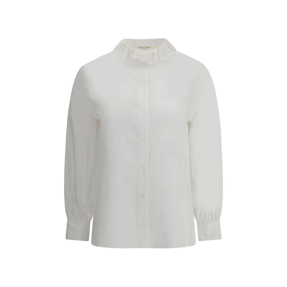 Saint Laurent White Cotton Dress Shirt with lace-trimmed Pierrot collar, front button closure, and refined beveled cuffs.