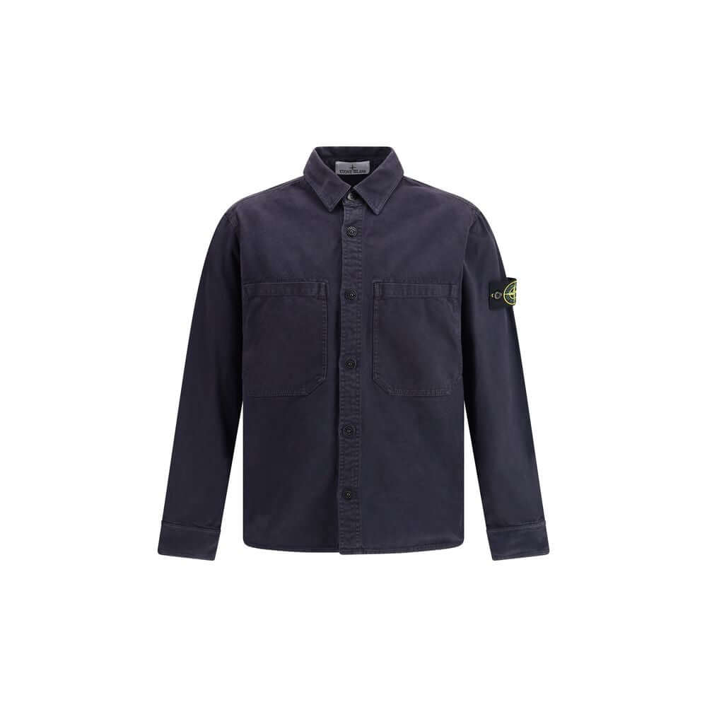 Stone Island Blue Cotton Dress Shirt with logo patch and chest pockets