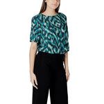 Woman wearing Street One Green Viscose Blouse with roundneck and short sleeves, featuring elegant gathered details.