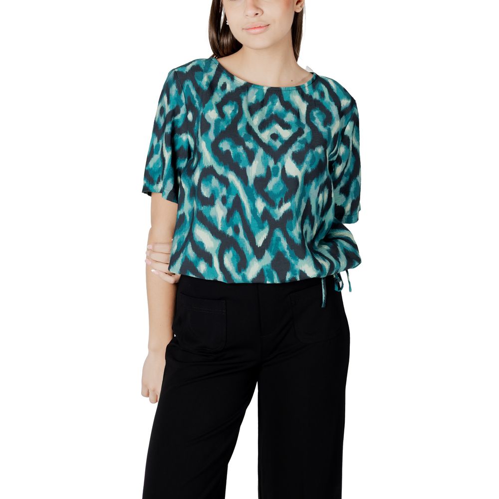 Woman wearing Street One Green Viscose Blouse with short sleeves and pattern design, ideal for summer fashion.
