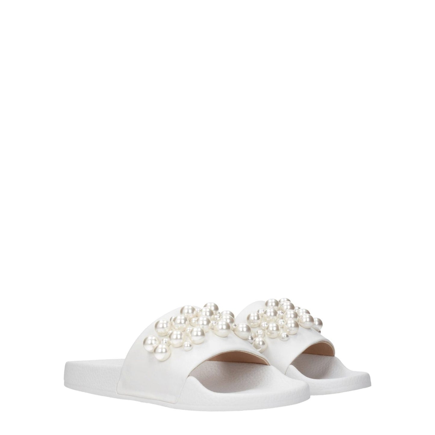 Stuart Weitzman White Leather Slippers with pearl front detail, open toe, low flat heel, rubber sole. Style: Street, MPN: GOLDIESMOSA887WHT