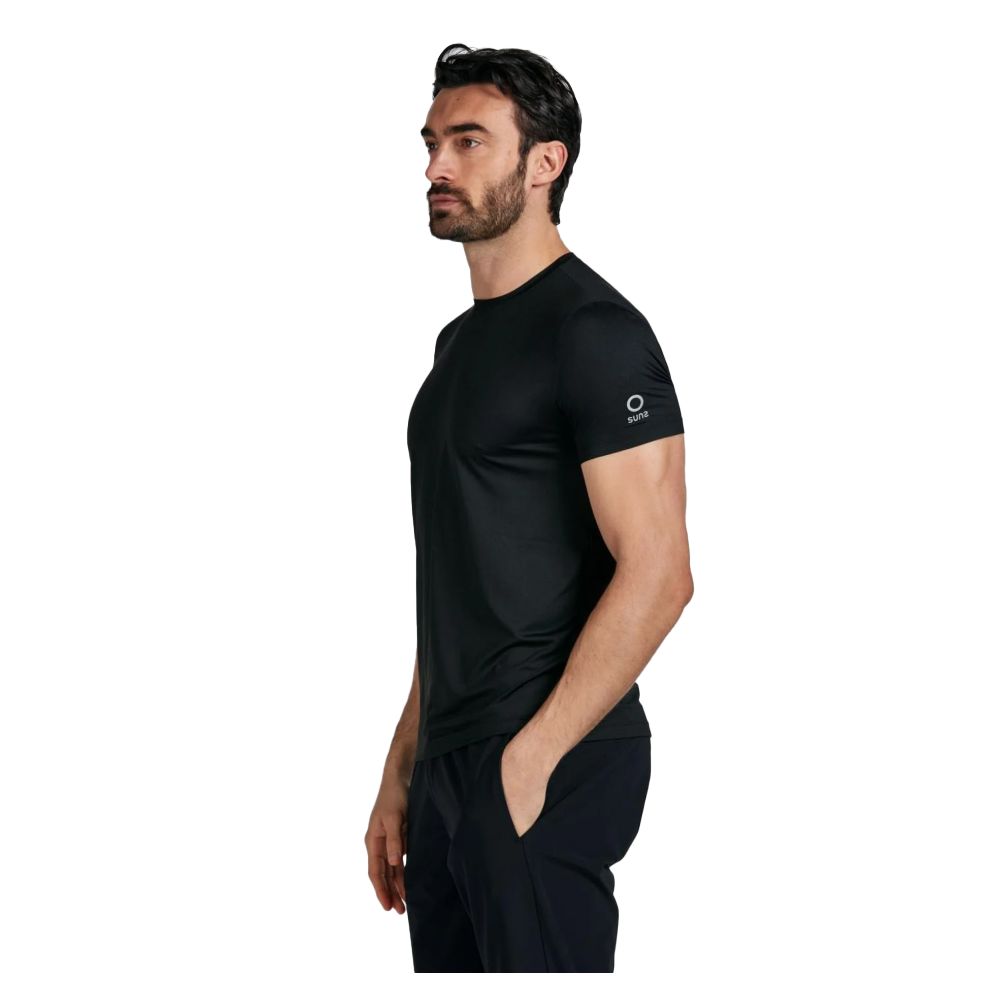 Suns Black Nylon T-Shirt in stretch technical fabric with crew neck and shoulder logo print, side view.