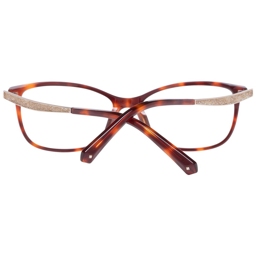 Swarovski Brown Women Glasses Frame, full-rim rectangle style, plastic material, demo lenses, 54-15-140 dimensions, includes branded case.