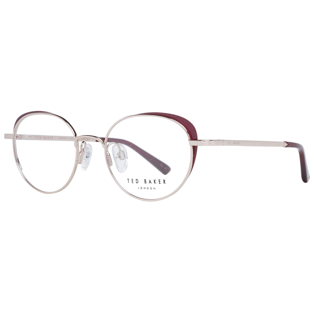 TED BAKER MOD. TB2274 48205 ladies' round glasses with thin silver frames and burgundy accents.