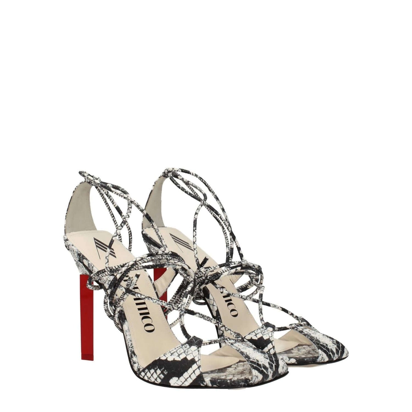 The Attico White Leather Stiletto Heel Sandals with snake print and black accents, featuring high heel and open toe, vintage style.