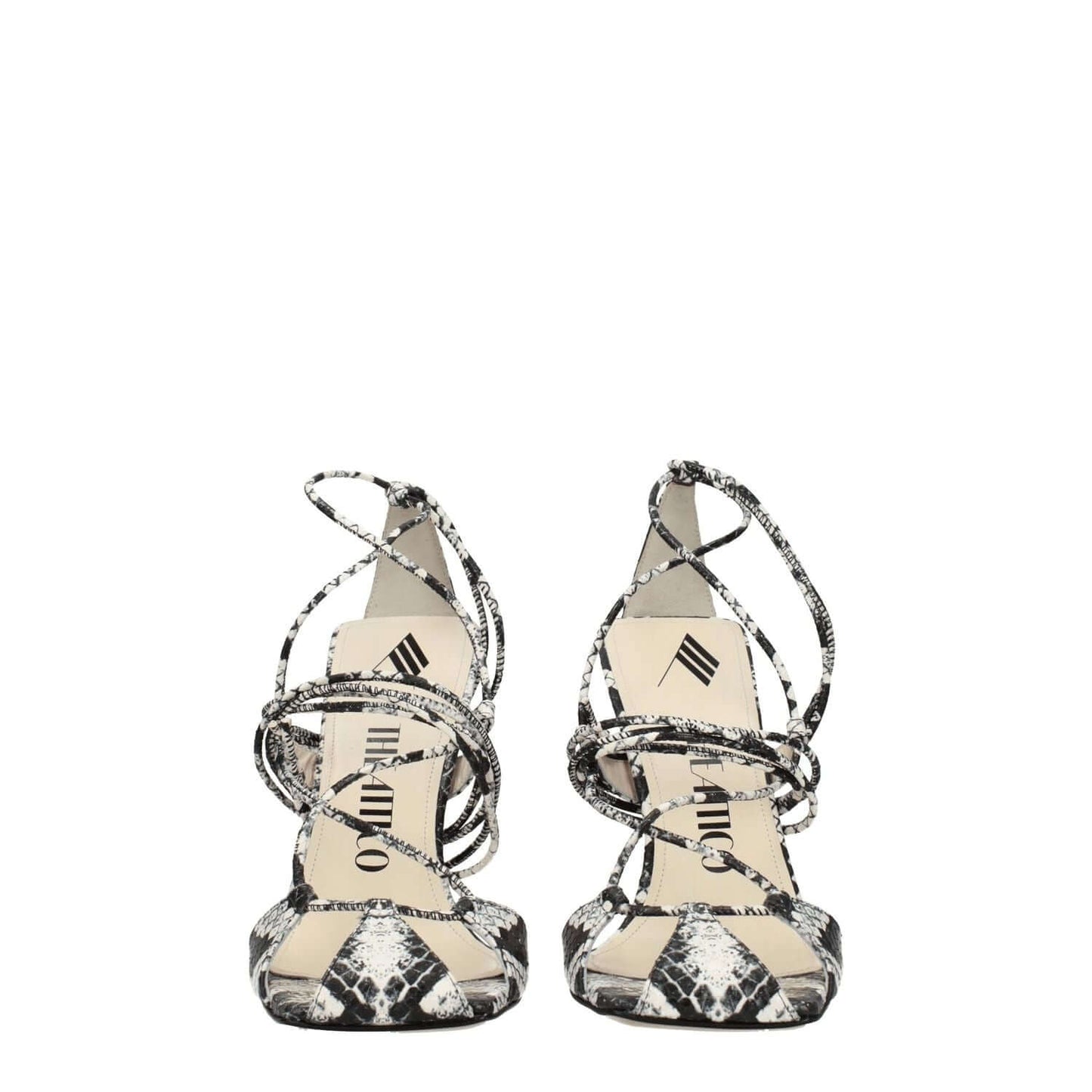 The Attico White Leather Stiletto Heel Sandals featuring vintage snake print and high heel design with open toe and self-tie closures.