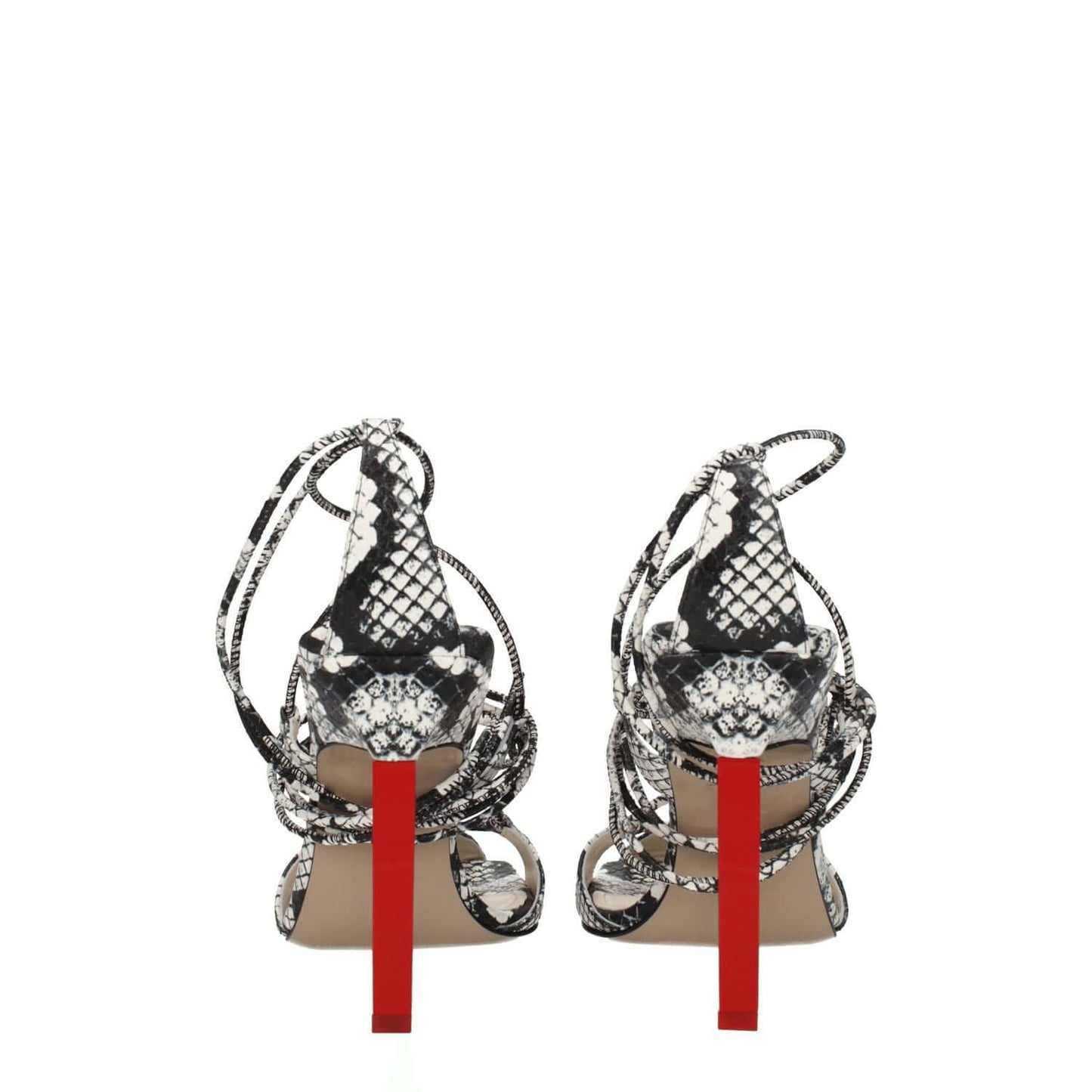 Back view of The Attico White Leather Stiletto Heel Sandals with snake print and red heel, showcasing lace-up style and vintage effect