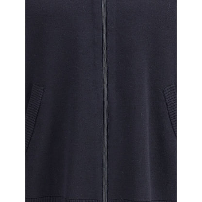 Thom Browne Blue Fleece Wool Cardigan with front zipper, ribbed cuffs, welt pockets, and iconic sleeve band detail.