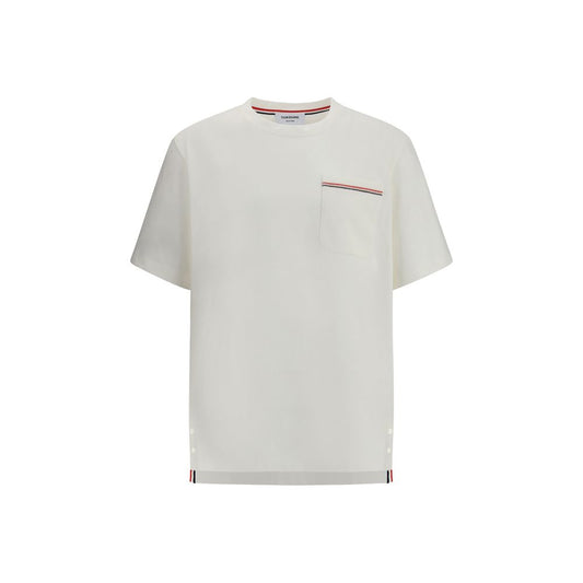 Thom Browne Cotton T-Shirt with ribbed crew neck, asymmetrical hem, and iconic stitching accents in white, featuring side buttons and logo patch.