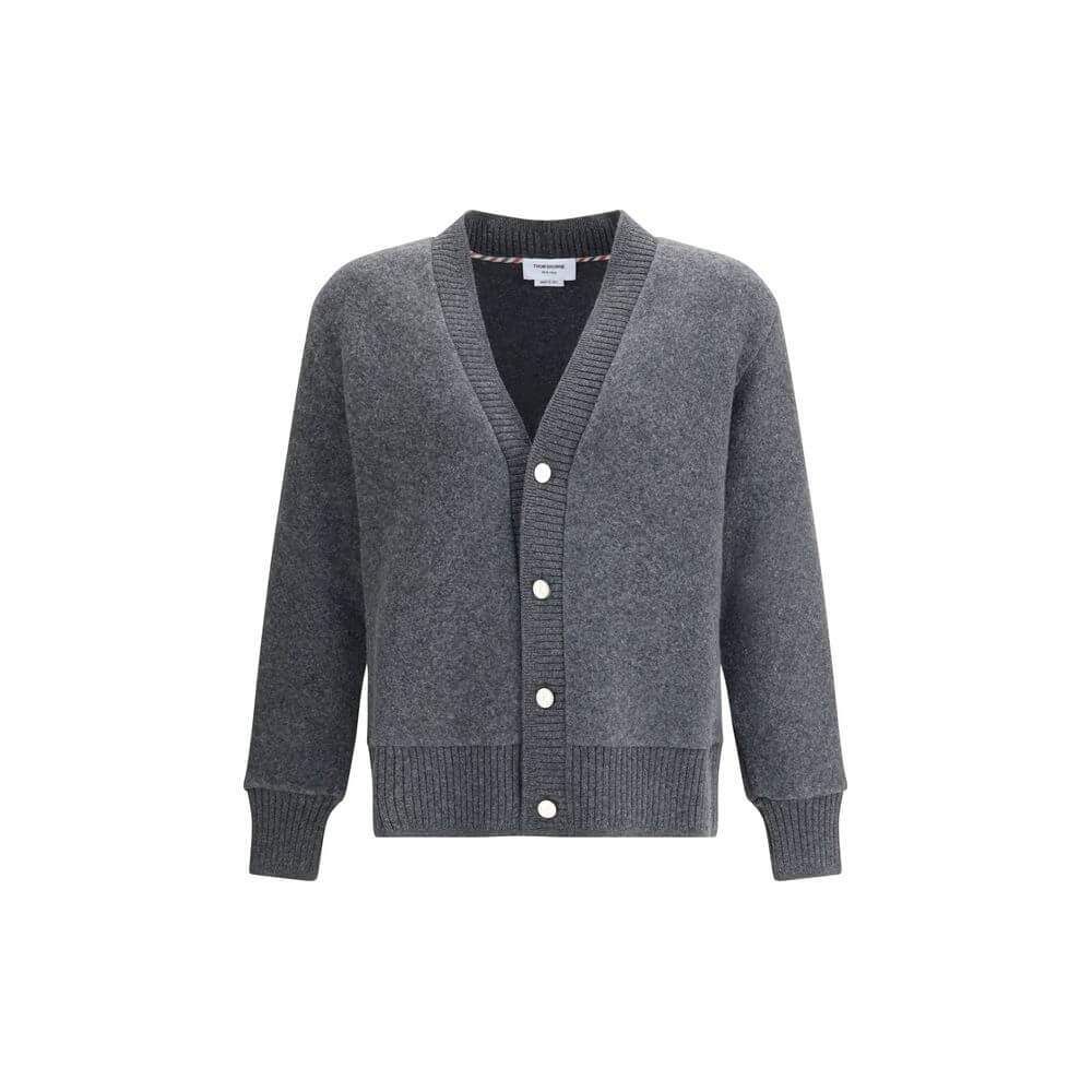 Thom Browne Gray Wool Cardigan with v-neck and button closure, ribbed cuffs and hem, stylish AW25 100% wool regular fit garment