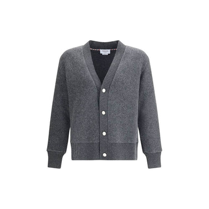 Thom Browne Gray Wool Cardigan with v-neck and button closure, ribbed cuffs and hem, stylish AW25 100% wool regular fit garment