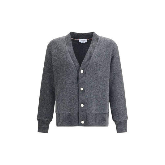 Thom Browne Gray Wool Cardigan with v-neck and button closure, ribbed cuffs and hem, stylish AW25 100% wool regular fit garment