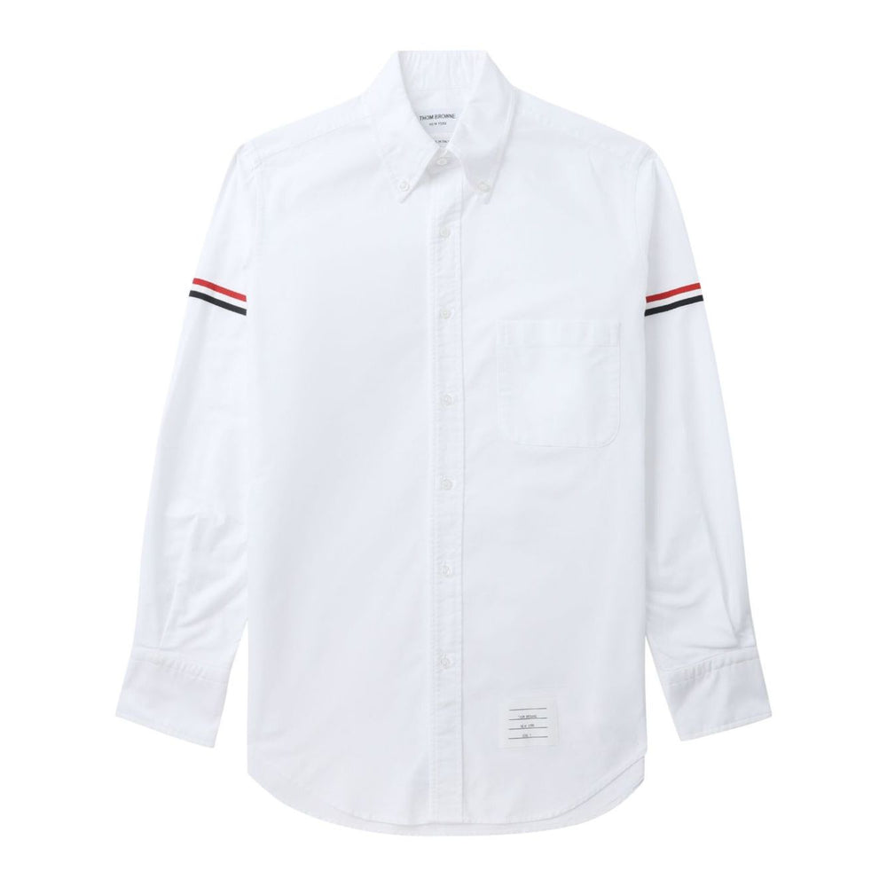 Thom Browne Shirts White with RWB stripe, grosgrain loop, and logo patch, featuring long sleeves and curved hem.
