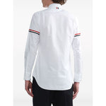Back view of Thom Browne Shirts White with RWB stripe, classic collar, and long sleeves.