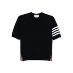 Thom Browne Sweaters Blue navy crew neck, short sleeves, grosgrain loop tab, signature 4Bar wool top, side tabs, stylish design.