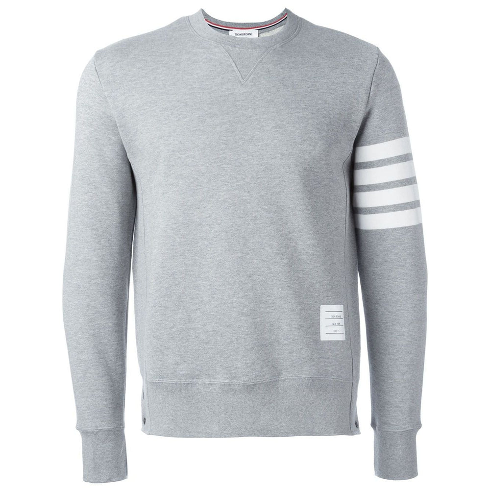 Thom Browne Sweaters Grey, pebble grey loopback cotton jersey crew neck with V insert, 4-Bar stripe, ribbed trims, straight hem, relaxed fit.