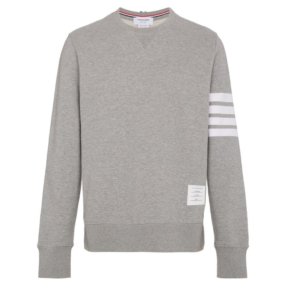 Thom Browne Sweaters Light Grey featuring 4-Bar stripe, crew neck, and name tag applique.
