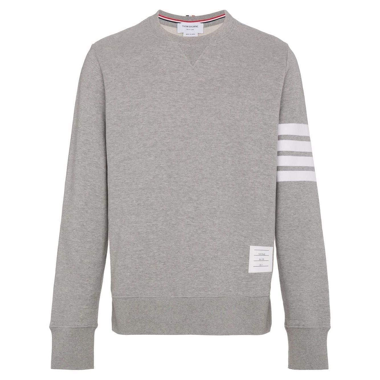Thom Browne Sweaters Light Grey featuring 4-Bar stripe, crew neck, and name tag applique.
