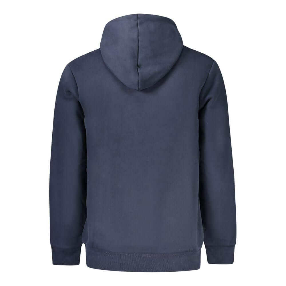 Back view of Timberland Blue Cotton Men Sweater with hood and embroidered logo, showing comfortable and stylish design for trailblazers.