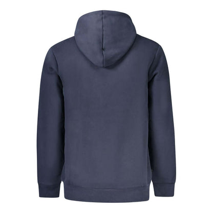 Back view of Timberland Blue Cotton Men Sweater with hood and embroidered logo, showing comfortable and stylish design for trailblazers.