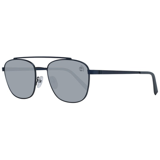 Timberland Blue Men Sunglass with blue metal frame, polarized mirrored grey lenses, full-rim aviator style, includes branded case.