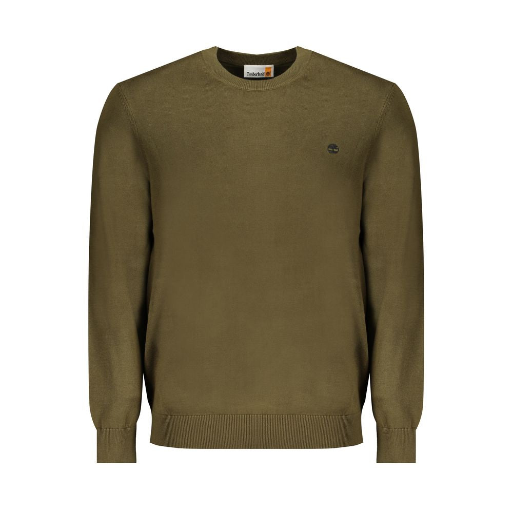 Timberland Green Cotton Sweater with crew neck and logo, made from 100% organic cotton. Long-sleeved t-shirt style.