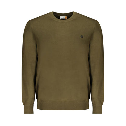 Timberland Green Cotton Sweater with crew neck and logo, made from 100% organic cotton. Long-sleeved t-shirt style.