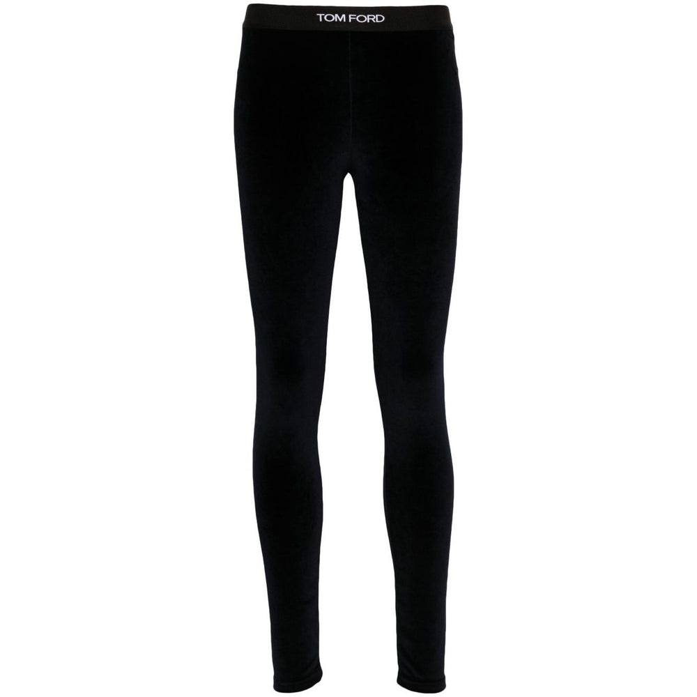 Tom Ford Trousers Blue midnight blue velour leggings with logo waistband, skinny fit, high waist, velvet texture. Size S shown.