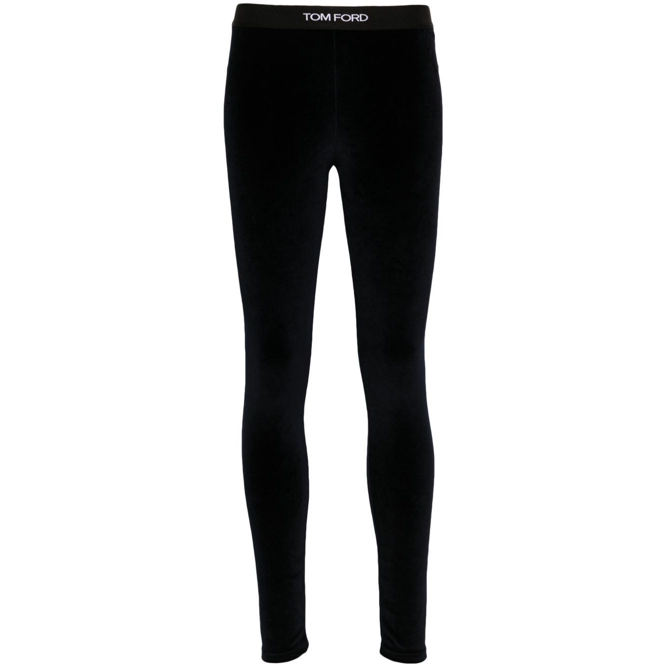 Tom Ford Trousers Blue midnight blue velour leggings with logo waistband, skinny fit, high waist, velvet texture. Size S shown.