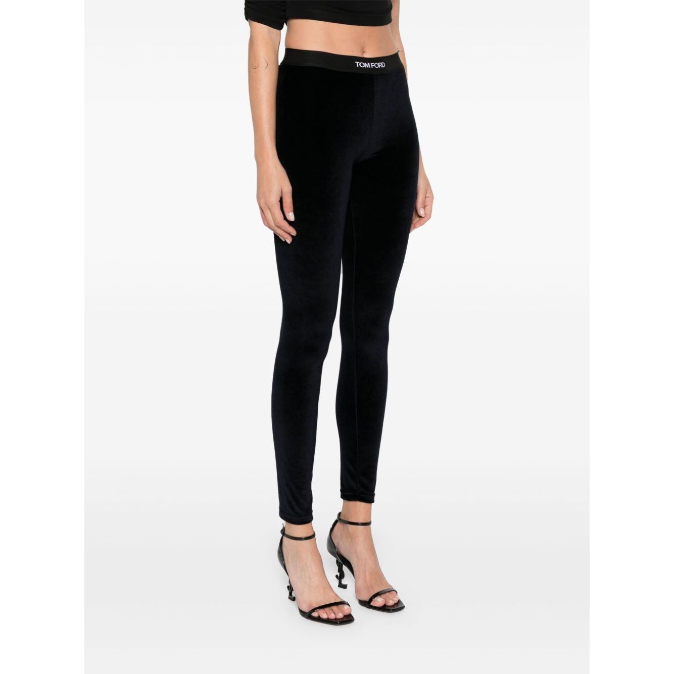 Tom Ford Trousers Blue - midnight blue velour high waist skinny leggings with elasticated logo waistband, model wearing size S