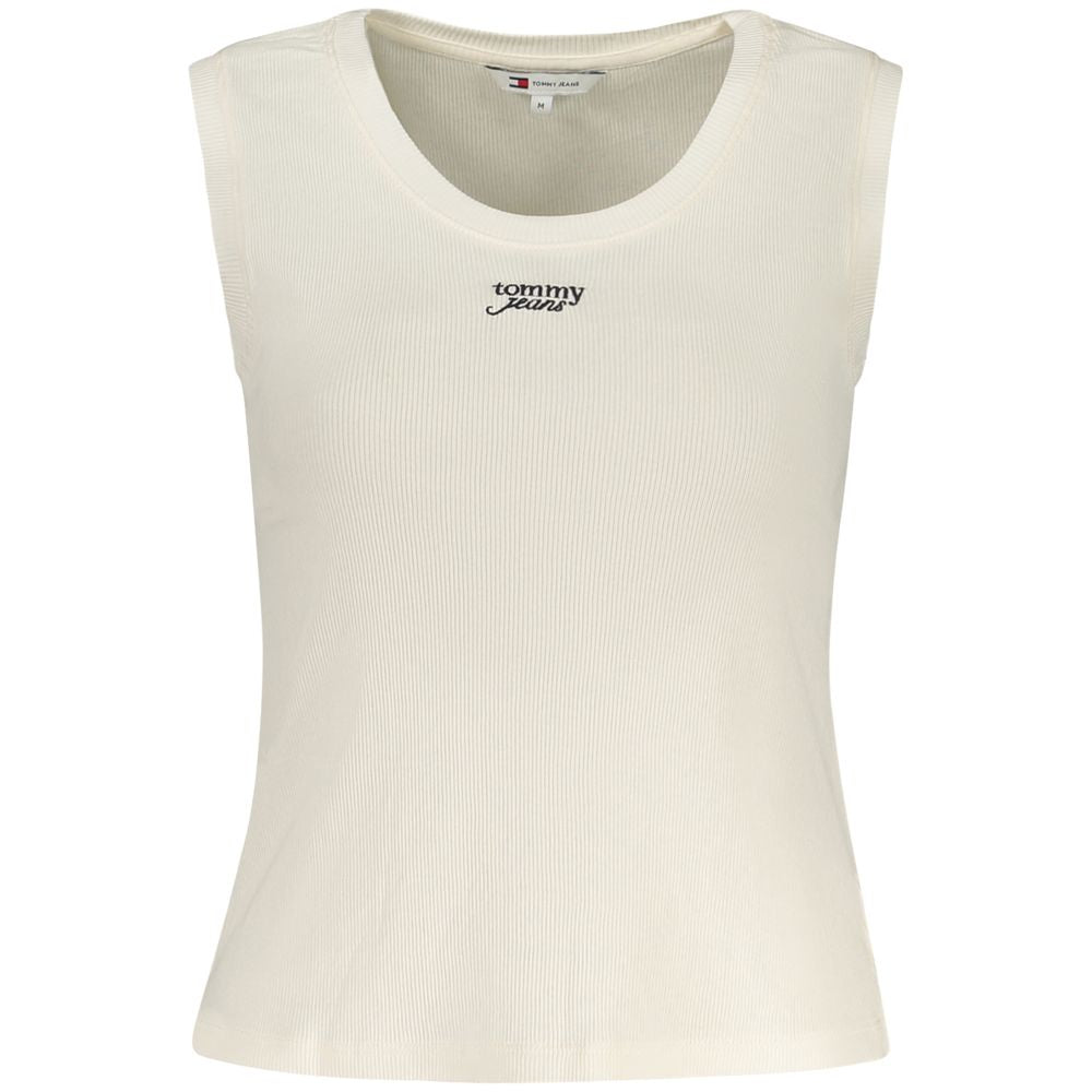 Tommy Hilfiger Beige Cotton Tank Top with embroidery logo and wide neckline, made of 95% regenerative cotton.