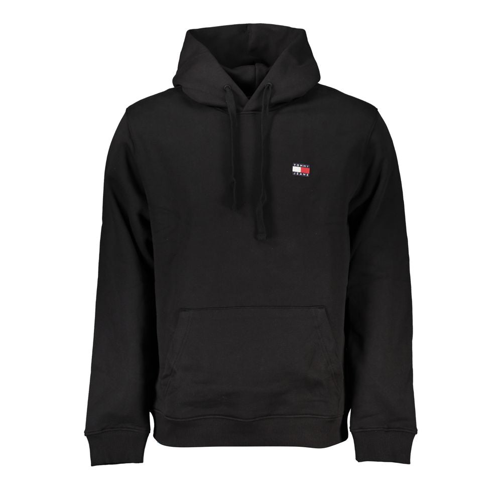 Tommy Hilfiger Black Cotton Men Sweater with Hood featuring central pocket and iconic logo.